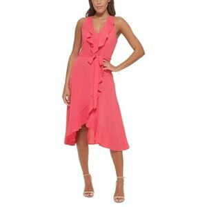 118$ Kensie Ruffled Tie Waist Faux Wrap Fit & Flare Mini Dress Size 10 Pink